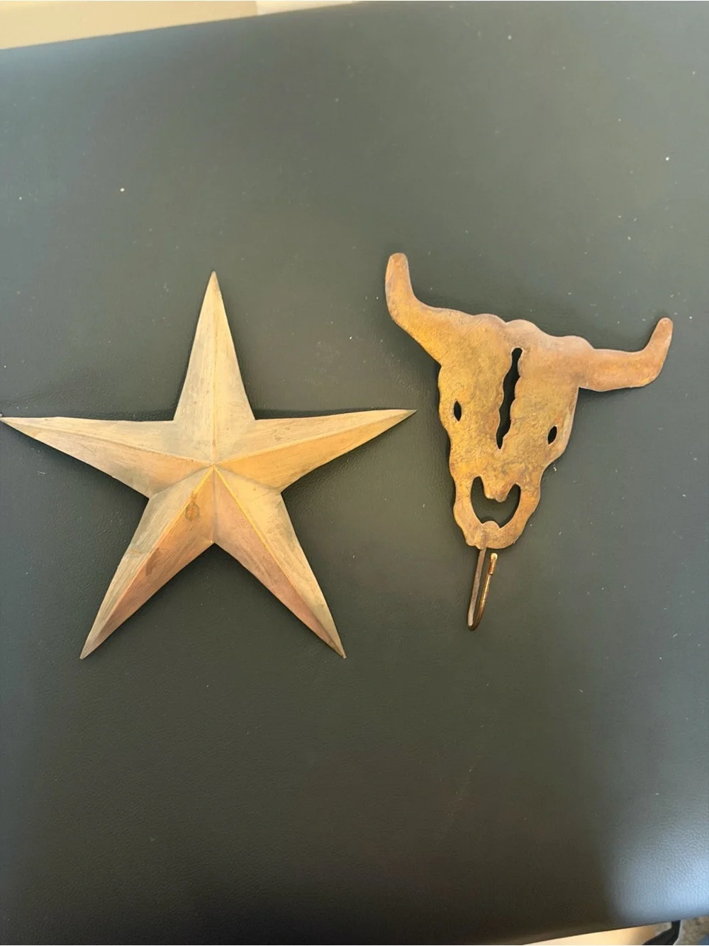 Rustic Metal Star and Bull Skull Wall Hooks - Brown